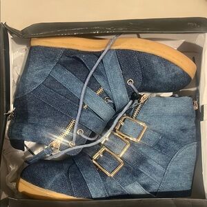 Denim High-Top Sneakers with Gold Buckles